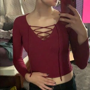 cross tie cranberry long sleeve fitted crop